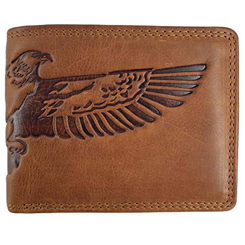 RFID Herren Damen Ledergeldbörse Brieftasche Wallet Portmonee | Flügel Wings Adler | aus echtem Leder braun (Hill Burry) (Querformat) von Fregery