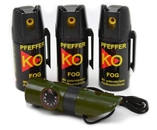 BALLISTOL Verteidigungsspray Pfeffer KO Fog 3 Dosen mit je 40 ml Pfefferspray bis zu 4 m Reichweite inkl. Signalpfeife 6in1 von Freizeitprofis