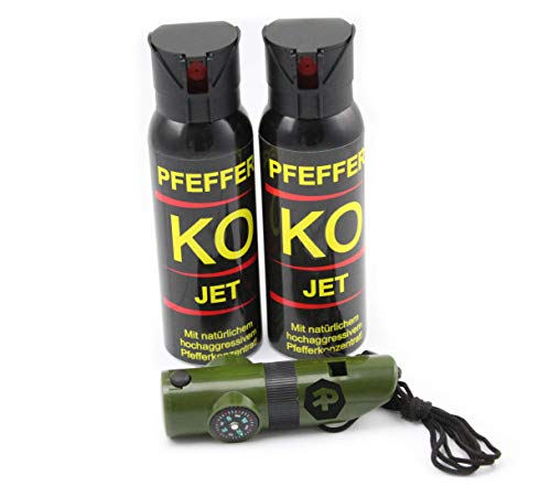 BALLISTOL Verteidigungsspray Pfeffer KO Jet 2 Dosen mit je 100 ml Pfefferspray bis zu 5 m Reichweite inkl. Signalpfeife 6in1 von Freizeitprofis