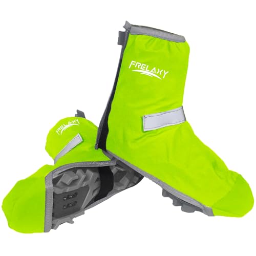 Frelaxy Überschuhe Fahrrad Wasserdicht, Regenschutz für Schuhe, Fahrrad Gamaschen Regenüberschuhe mit Reflektorstreifen, Verstärkte Sohlenspitze und Verstellbarem Klettverschluss (Neon Gelb, L) von Frelaxy