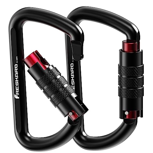 FresKaro Karabiner Schwarz, mit Drehsicherung, 12kN-1224kg Twist Lock, Aluminium, Ultraleicht Belastbar, Autolock, Schnellverschluss Karabina für Hängematte, Schlüssel, Hundeleine, 2 Stück von FresKaro