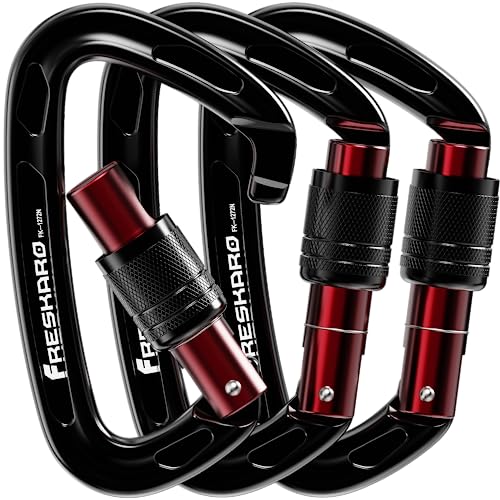 FresKaro Karabiner schwarz, Kletterhaken, Schraubverschluss, Auto-Close, Schraubverschluss, CE-zertifizierter Kletterkarabiner zum Abseilen, Hundeleinen, groß, extra stark 2550kg, 3 Stück von FresKaro