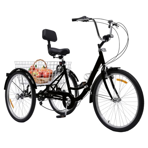 Fridgestea 24 Zoll Dreirad für Erwachsene, 3 Räder 7-Gänge Fahrrad Klappbar, Trike Faltbar mit Halterung für Wasserflasche, Erwachsenendreirad mit Vorderlicht, Korb, Doppelbremsen (Schwarz) von Fridgestea