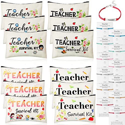 24-teiliges Lehrer-Wertschätzungsgeschenk-Set, 12 Lehrer-Survival-Kit-Tasche, 12 Lehrer-Segenskarten-Armband, Lehrer-Kosmetiktaschen-Set für Lehrertag (lebendiger Stil, 22,9 x 15,9 cm) ) von Frienda