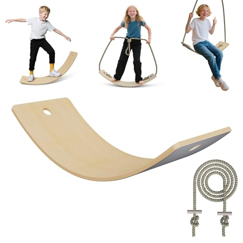 Froadp Balance Board aus Holz mit Extra Langem 3 m Seil | Wackelbrett für Kinder ab 3 Jahren & Erwachsene | Holzspielzeug bis 100kg | 82x30x19cm Balancierbrett mit Rutschfesten EVA-Matten | Grau von Froadp