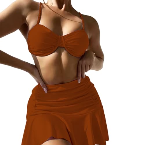 Frotox 3-teiliges Damen Schwimmkostüm Badeanzug Set Mit Strand Vertuschung Gerüschtes Kleid Urlaubs Badebekleidung von Frotox