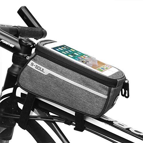 FülleMore Rahmentasche wasserdichte Fahrradtasche Oberrohrtasche Handyhalterung mit Touchscreen Kopfhörerloch Mountainbike Farhrradlenkertasche für Handys bis zu 6.0 Zoll (Grau) von FülleMore
