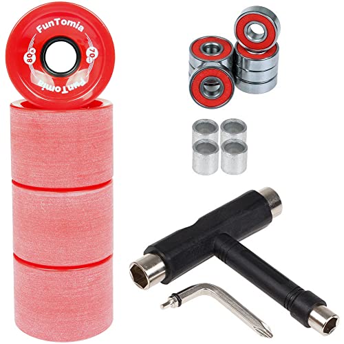 FunTomia 4 Stück Longboard/Skateboard Rollen (Big Wheels) in 70x51mm 80A oder 70x51mm 86A inkl. Mach1® Kugellager, Metall Spacer und T-Tool (rot / 80A Rollenhärte) von FunTomia