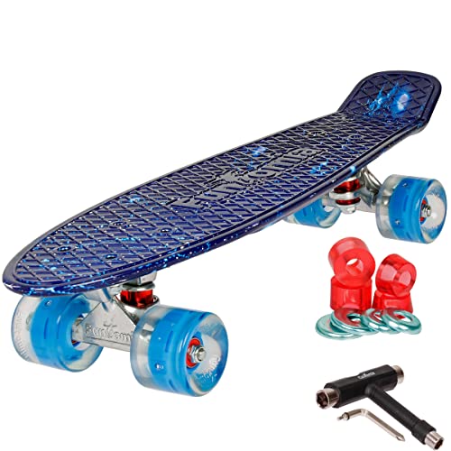FunTomia Kinder Skateboard Cruiserboard Miniboard 57cm mit oder ohne LED Leuchtrollen Alu Truck Mach1 Kugellager Cruiser Mini Board (Galaxy blau mit LED + T-Tool) von FunTomia