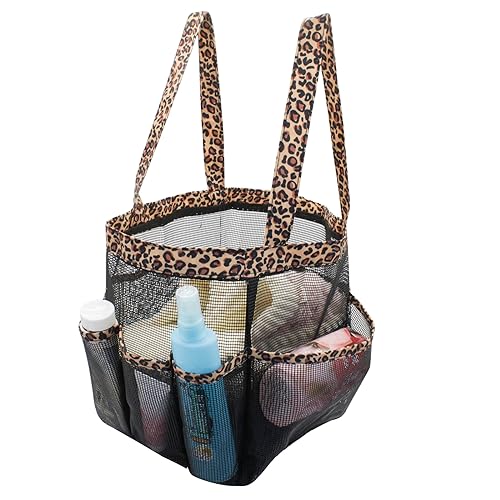 FuninCrea Duschtasche, Faltbare Tragbare Kulturtasche mit Griff Strandtasche aus Mesh mit 8 Fächern für Camping Heimaufbewahrung für Toilettenartikel Kleidung (Leopard) von FuninCrea