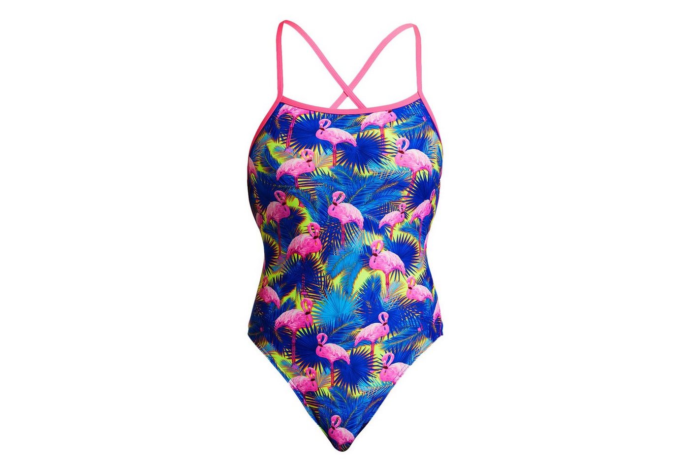 Funkita Badeanzug Strapped In Mingo Magic mit Flamingos und Palmen in kräftigen Farben von Funkita