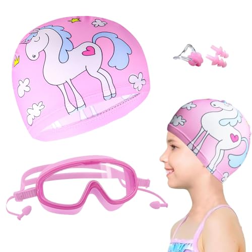 Furforstk schwimmbrille mädchen, swimming goggles, schwimmbrille kinder 3-15 jahre, kinder schwimmbrille Mit Badekappen, Nasenclip, Ohrstöpseln, swimming goggles kids, Breite Sicht (Pink) von Furforstk