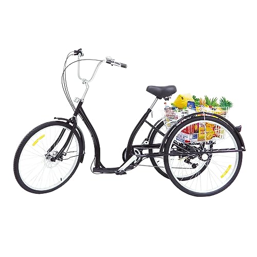Futchoy 26 Zoll Dreirad für Erwachsene, 6 Gänge Fahrrad, 3 Räder Cityräder mit Einkaufskorb, Schwarz（Montage Nötig） von Futchoy