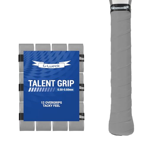 G-Lueck 12er Set Tennis Griffband Talent Grip | 0,60mm Stärke | Overgrip für Squash Badminton Schläger & Kicker inkl. selbstklebendes Abschlußband | sehr griffig, Anti-Rutsch (Grau) von G-Lueck