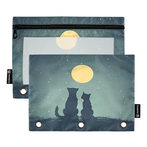 GAIREG Night Moon Federmäppchen mit 3 Ringen, mit Ösen, Hund und Katze, 2 Stück von GAIREG