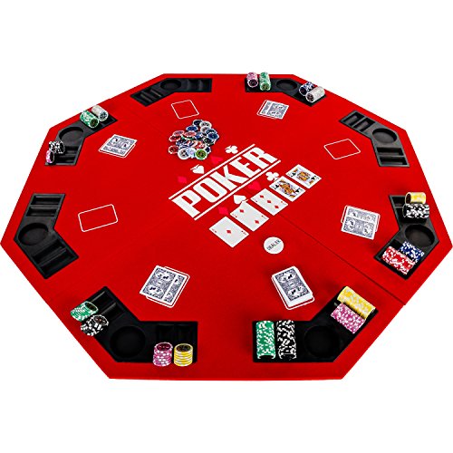 GAMES PLANET Faltbare Pokerauflage „Full House“ für bis zu 8 Spieler, achteckig, Maße 120x120 cm, MDF Platte, 8 Getränkehalter, 8 Chiptrays, rot von GAMES PLANET