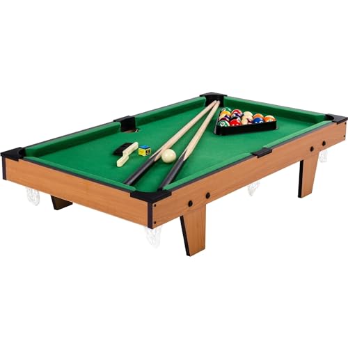 GAMES PLANET Mini Pool Billardtisch Micro inkl. Zubehör (2 Queues, Kugeln, Dreieck, Kreide, Bürste), 3 Dekore, Maße: 92 x 52 x 19 cm, helles Holzdekor von GAMES PLANET