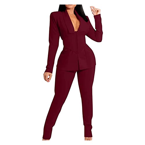 GAOSHI Damen Hosenanzug Business 2 Teiilg Anzug Slim Fit Elegant Mit Anzughosen Für Büro Mit Taillengürtel (Color : Burgundy, Size : M) von GAOSHI