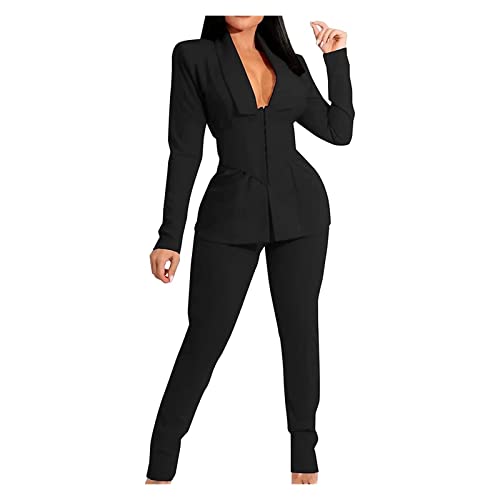 GAOSHI Damen Hosenanzug Business 2 Teiilg Anzug Slim Fit Elegant Mit Anzughosen Für Büro Mit Taillengürtel (Color : Noir, Size : S) von GAOSHI