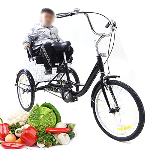 20 Zoll Dreirad für Erwachsene, Dreirad, höhenverstellbar, mit Korb und Kindersitz, Schutzblech, eine Geschwindigkeit, Dreirad, für Erwachsene und ältere Menschen (schwarz) von GAOUSD