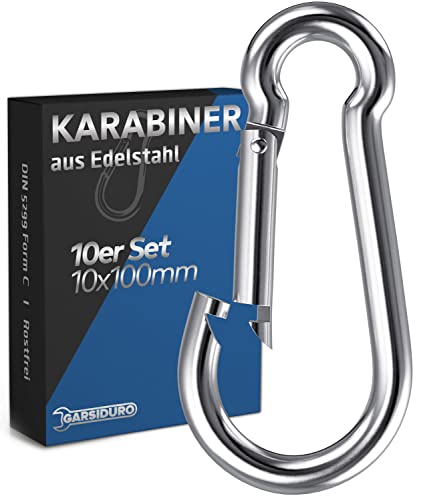 GARSIDURO® Edelstahl Karabiner | 10er Set 10x100 mm | Karabinerhaken DIN 5299 rostfrei | Feuerwehr Karabiner mit Schnappverschluss geeignet als Schlüsselanhänger Karabiner oder Schwerlast Karabiner von GARSIDURO