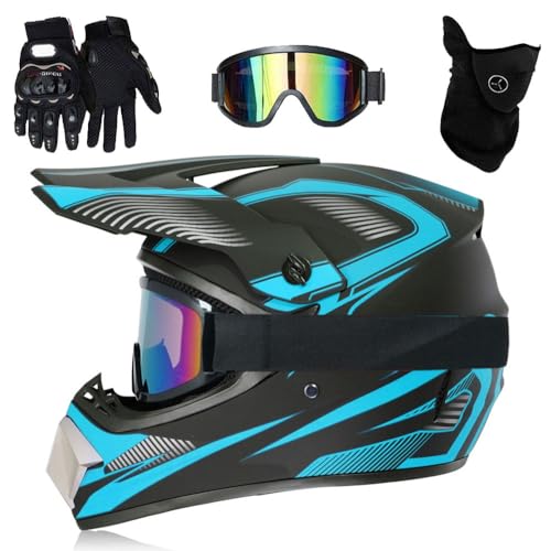 Motocross-Helme für Kinder, DOT-Offroad-Street-Dirt-Bike-Helm für Erwachsene, ATV-BMX-Downhill-Quad-Bike-Integralhelm für Motorradfahrer, mit Schutzbrille, Handschuhen und Maske(A1,S(52-53cm)) von GDAONUDK