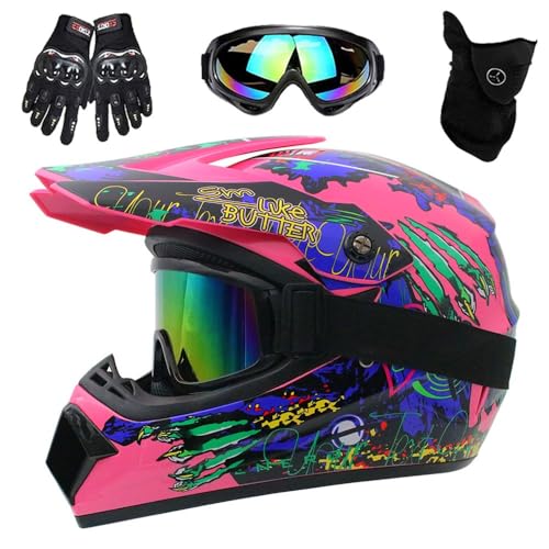 Motorradhelm, DOT-Zertifizierter Integralhelm für Dirtbikes, für Kinder, Jugendliche und Erwachsene, Motocross-Helm Mit Maske, Schutzbrille und Handschuhen(Pink Claw,XL (58-59cm)) von GDAONUDK