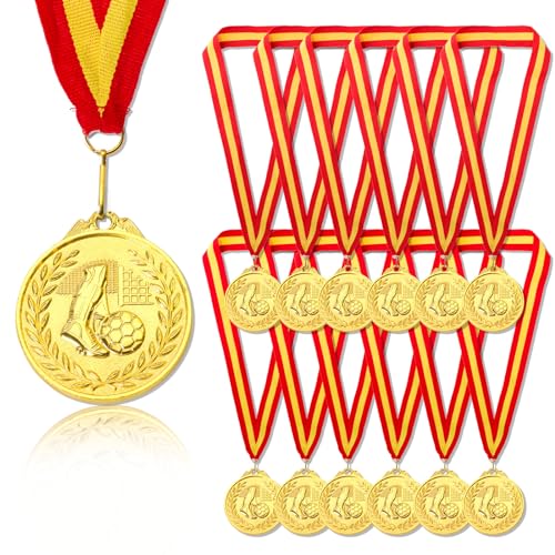 GEBETTER 12 Stück Fußball Medaillen Kindergeburtstag aus Metall Goldmedaillen mit rot-gelb-rot Band für Jungen Mädchen Kinder Erwachsene als Mitgebsel von GEBETTER