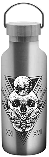 GEDA LABELS Unisex – Erwachsene Totenkopf Skull Mystic Trinkflasche, Isolierflasche, Silber-schwarz, 500 ml von Gedalabels