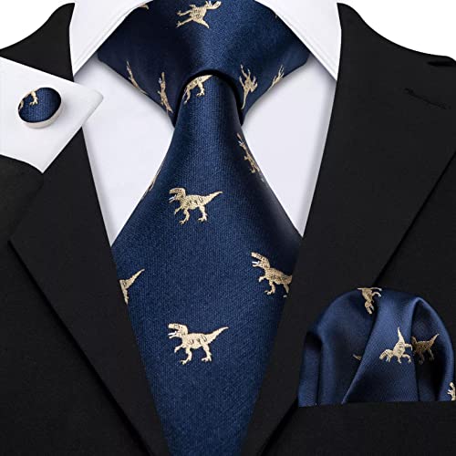 GEDASHU Herren Krawatte Mode Designer Gold Dinosaurier Herren Seide Krawatte Taschentuch Box Geschenkset Herren Hochzeit Bräutigam Krawatte von GEDASHU