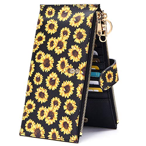 GEEADNB Portemonnaie für Frauen RFID-Blockierung Bifold Multi Card Holder Geldbörsen Handy-Geldbörse mit großer Kapazität mit Reißverschlusstasche Geschenk (Gelbe Sonnenblume) von GEEADNB