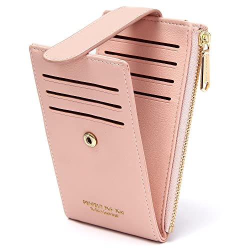 GEEADNB RFID-Kartenhalter Geldbörse für Frauen Schlanke Geldbörsen Bifold Multi Kartenetui Damen Slim Wallet Reißverschluss-Münzgeldbörse (Rosa) von GEEADNB