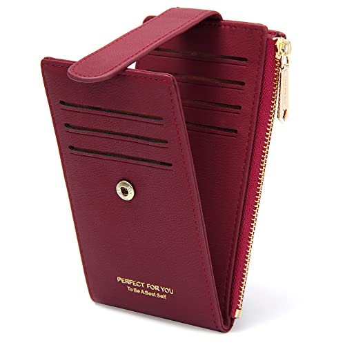 GEEADNB RFID-Kartenhalter Geldbörse für Frauen Schlanke Geldbörsen Bifold Multi Kartenetui Damen Slim Wallet Reißverschluss-Münzgeldbörse (Weinrot) von GEEADNB