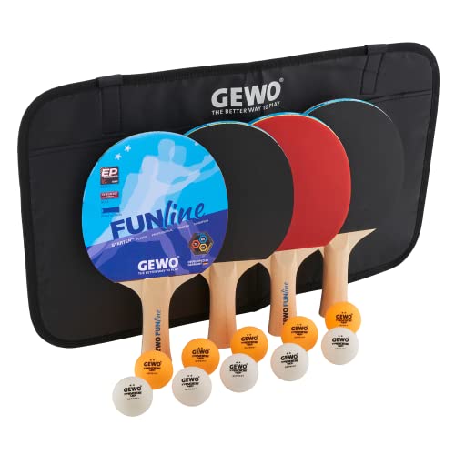 GEWO Fun TIME Tischtennisschläger Set für Hobby und Freizeit mit 10 Tischtennis Bällen und Aufbewahrungstasche/ 4er Set/Ping Pong Set/Komplettschläger mit Noppen-Innen-Belag, Griff konkav von GEWO