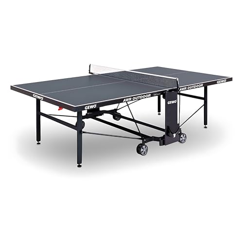 GEWO Tischtennisplatte AWR Outdoor - vormontierter, klappbarer Tischtennis-Tisch für Außen - 6mm starke Oberfläche - mit Rädern, Netz und Schläger-Halter, Playback-Stellung, ITTF-Maß, Wetterfest, grau von GEWO