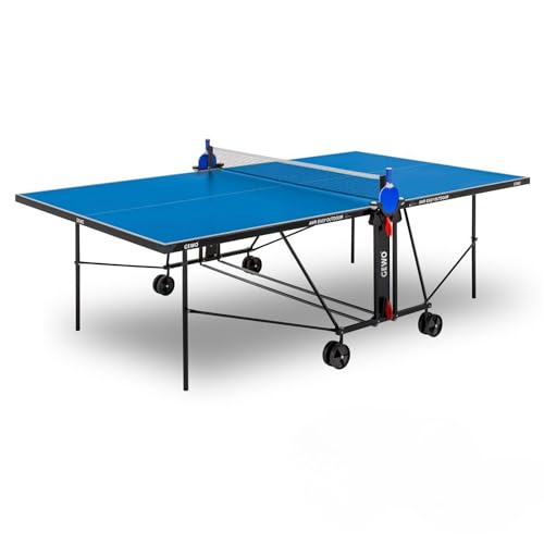 GEWO Tischtennisplatte AWR Outdoor Easy - klappbarer Tischtennis-Tisch für Außen, 4mm starke Melaminharzoberfläche - mit Rädern, Netz und Schläger-Halter, Playback-Stellung, ITTF-Maß, Wetterfest, blau von GEWO