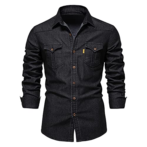 GFJKDO Elastisches Baumwoll-Denim-Hemd Herren Langarm Cowboy-Hemden für Herren Casual Slim Fit Kleidung von GFJKDO
