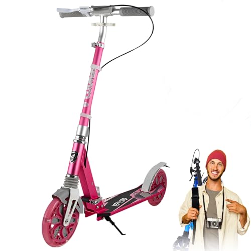 GHBXJX Big Wheel Scooter City Roller Erwachsene LED 180mm, Klappbar Cityroller mit Handbremse, Tretroller Kinder ab 6 Jahre Mädchen Jungen Teenager, Kickscooter Cityroller,Grey Plus pink von GHBXJX