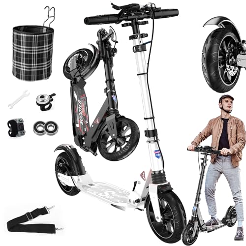 GHBXJX City Roller Erwachsene 150 kg Tragkraft Big Wheel Scooter, Klappbarer Cityroller mit Handbremse und Doppelten Federung, Tretroller Kinder, Höhenverstellbar Kickscooter,Weiß von GHBXJX