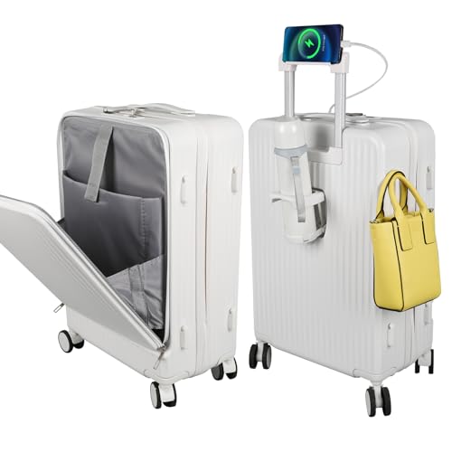 GHIBFBT Hartschalen-Koffer Trolley, Leicht Reisekoffer mit Laptopfach USB und Typ-C Ladeanschluss, Koffer Handgepäck Hartschalen mit 4 Rollen und Haken (Weiß, 26 Zoll) von GHIBFBT