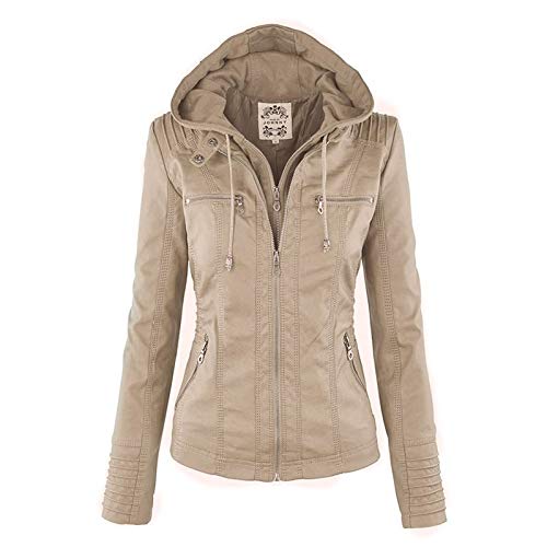 GHJdhygy Herbst Und Winter Damen Kunstleder Reißverschluss Mit Kapuze Lederjacke Lange Ärmel Reisen Beiläufig Mantel,Beige,XXL von GHJdhygy