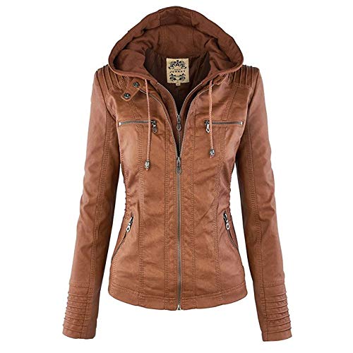 GHJdhygy Herbst Und Winter Damen Kunstleder Reißverschluss Mit Kapuze Lederjacke Lange Ärmel Reisen Beiläufig Mantel,Braun,5XL von GHJdhygy