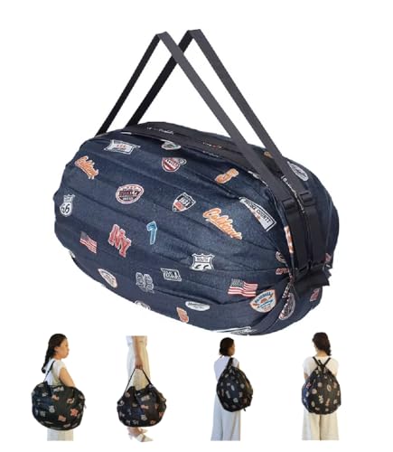 GIMIRO Multifunktionale Faltbare Tasche Reise Duffel Rucksack Handtasche Schultertasche Große Kapazität Einkaufstaschen Sport Fitness Taschen (Navy Blue Cartoon) von GIMIRO