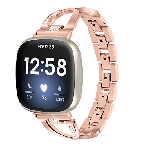 Gimart Kompatibel für Fitbit Versa 3 Metallband, Frauen Mädchen Slim Bling Edelstahl Versa 3 Armband Ersatz Uhrenarmband Band Armband für Fitbit Sense Smartwatch (Roségold) von GIMart
