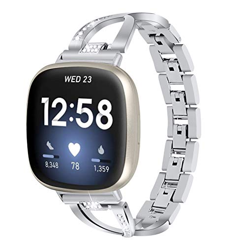 Gimart Kompatibel für Fitbit Versa 3 Metallband, Frauen Mädchen Slim Bling Edelstahl Versa 3 Armband Ersatz Uhrenarmband Band Armband für Fitbit Sense Smartwatch (Silber) von GIMart