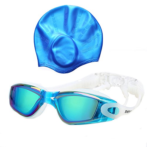 GITVIENAR UV-Schutz Überzug Schwimmbrille Super Antifog Großer Rahmen + Super-Stretch Schwimmkappe Bademütze mit extra Ohrenschutz aus Qualitäts-Silikon Serie,es passt Sich jeder Kopfform perfekt an von GITVIENAR