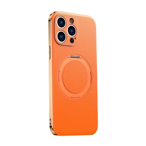 Echtleder Hülle für iPhone 15/15 Plus/15 Pro/15 Pro Max, kompatibel mit MagSafe 360° Drehbarer Magnetringhalter Unsichtbarer Ständer Kameraschutz, Orange, 15 Pro Max von GKDLHGO