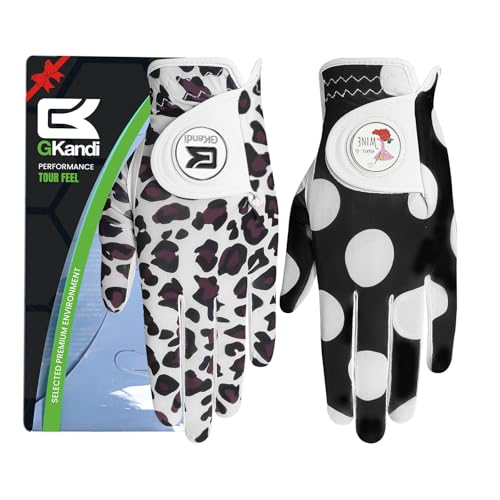 GKandi Damen-Golfhandschuhe für Rechtshänder, Linkshänder, 2 Stück, mit Ballmarker, Leder, Allwetter-Griff, atmungsaktiv, weich, Geschenk-Set (Leopard + weiße Punkte), Größe L (auf der linken Hand von GKandi