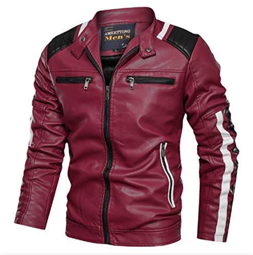 GL SUIT Herren-Kragen PU-Lederjacke Samt Liner Multi-Zip-Motorrad-Leder-Windjacke Mantel intelligenter dünner passender beiläufige Biker Style Jacke,Rot,L von GL SUIT
