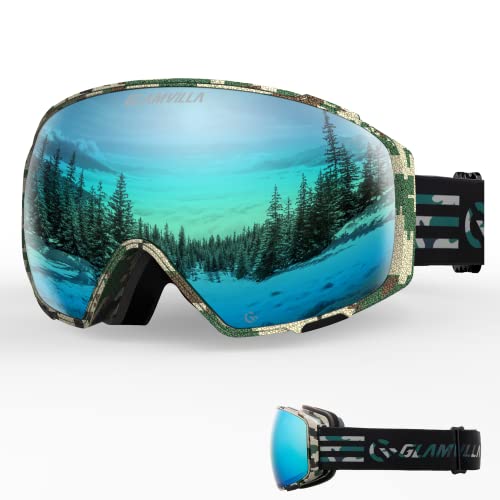 GLAMVILLA Skibrille für Herren und Damen, Unisex groß Schneebrille mit Magnetische Wechselglas für Brillenträger, 100% UV-Schutz Anti-Fog Ski Goggles(A1-Schwarz vlt12.6%) von GLAMVILLA